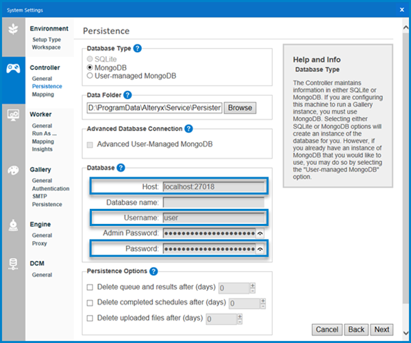 This image shows the Persistence settings page in Alteryx System Settings, where the Host, Username, and Password can be found for an embedded MongoDB instance.