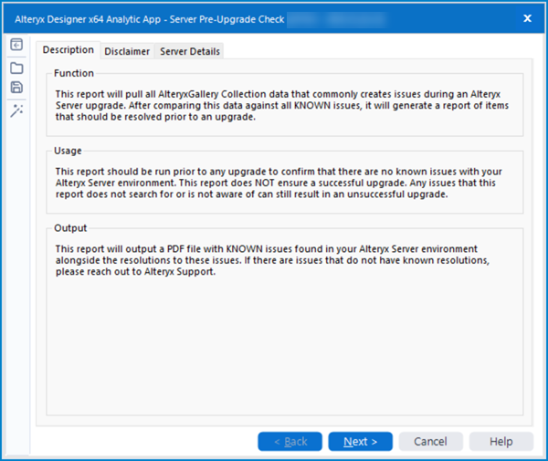 This image shows the first page of the Server Pre-Upgrade Check App which describes the App's function and scope.