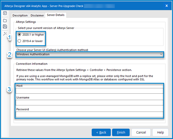 This image shows the Server Details tab of the Application which contains inputs for Server version, Server UI (Gallery) authentication method, Host, Username, and Password.