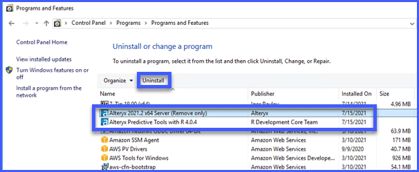 This image shows where to uninstall the current version of Alteryx Server and Predictive Tools in Control Panel