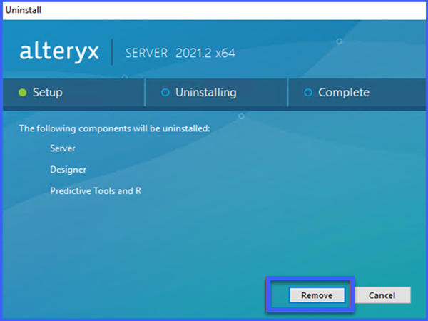 This image shows the Alteryx Server uninstall menu