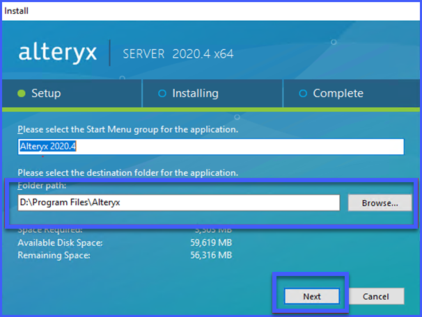 This image shows the window in the Alteryx Server install wizard where you can specify the install folder path.