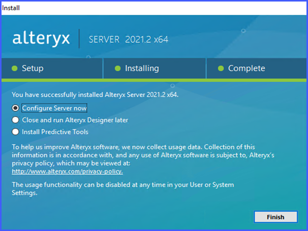 This image shows the window in the Alteryx Server install wizard after the installation has completed, where there is the option to install Predictive Tools.