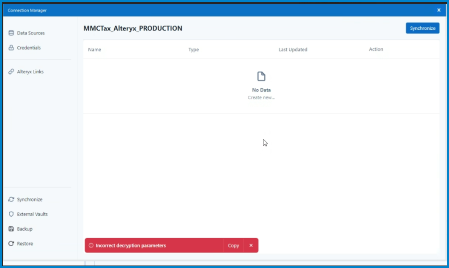 Error "Incorrect decryption parameters" when synchronizing DCM ...