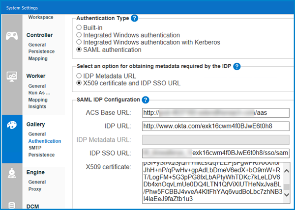 This image shows an example of the X509 certificate and IDP SSO URL configuration under the SAML authentication type in Alteryx System Settings.