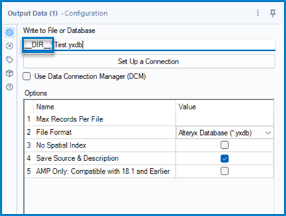 This image shows the Output Data tool configuration with a placeholder value for the file's directory.