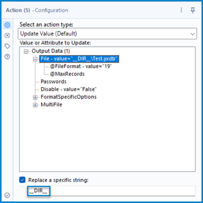 This image shows the Action tool configuration for updating the placeholder directory in the Output Data tool with the user's input through the Text Box Interface tool.