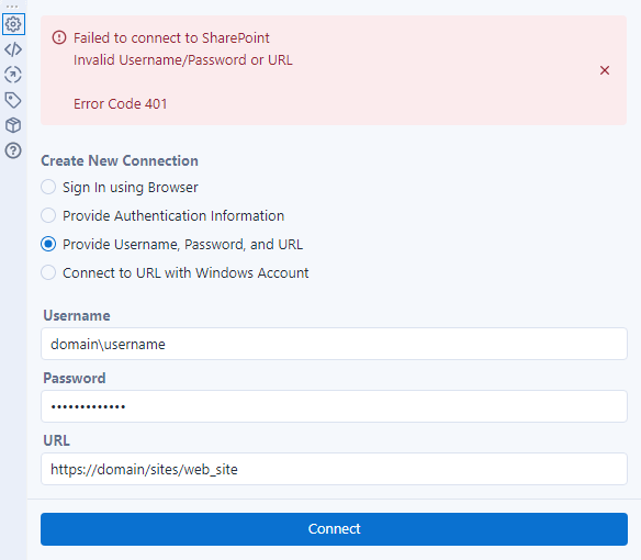 SharePoint FIles Tools configuration window with error message