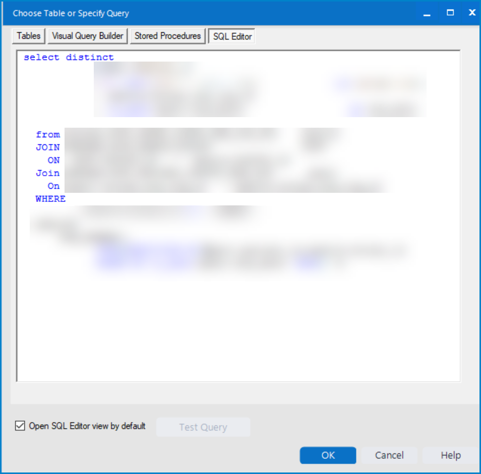 Syntax Error in Visual Query Builder: SQLPrepare: SQL compilation error ...