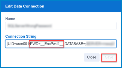 This image shows the Password parameter to edit in the Connection String of the Server Data Connection, in the Edit Data Connection window in Server UI.
