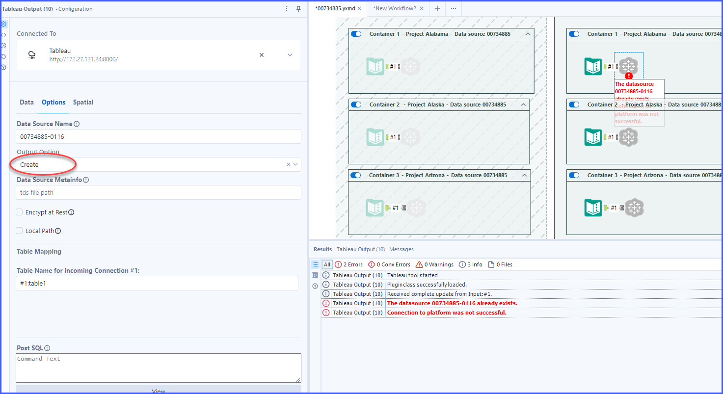 Tableau Output Tool The datasource X already exists.