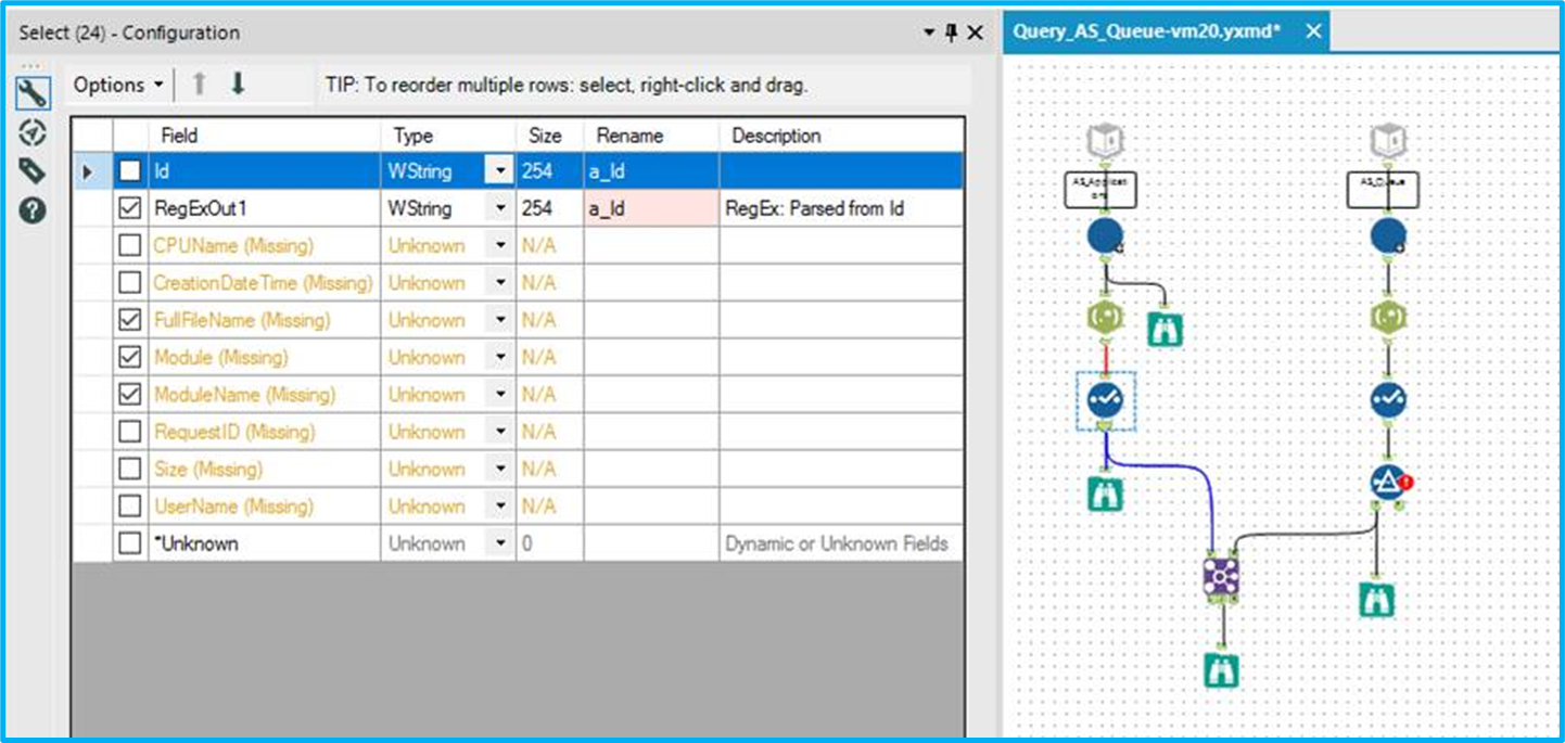 Select Tool fields show as missing & data types show unknown when ...