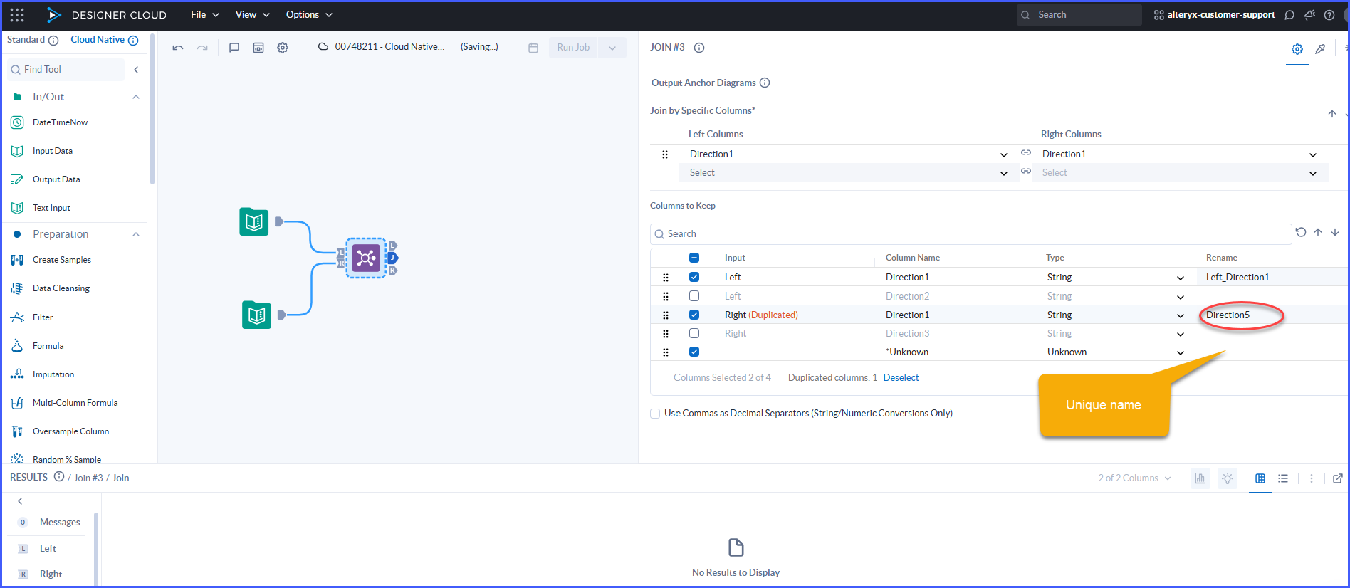 Designer Cloud Join Tool error : Column name X already exists. Enter a ...
