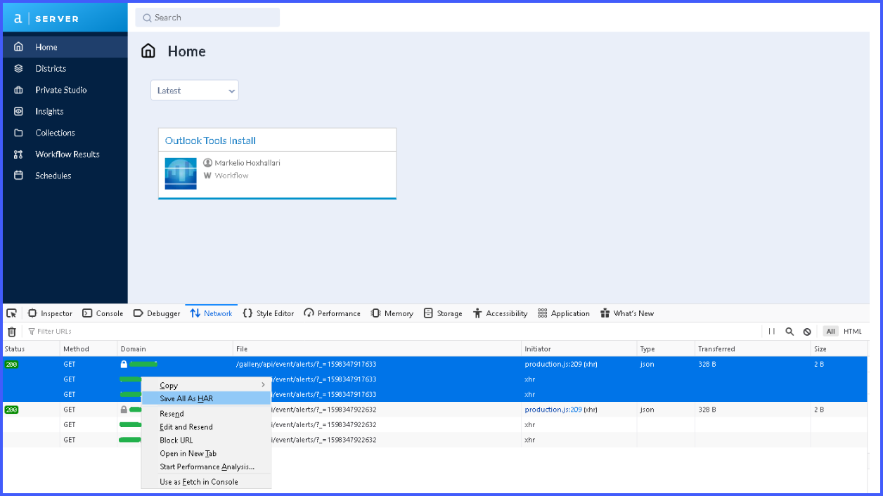 How to generate HAR file in Server UI and Designer Cloud