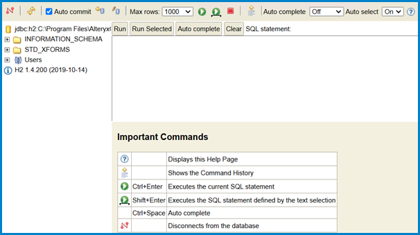 This image shows the H2 console's interface upon successfully logging in.