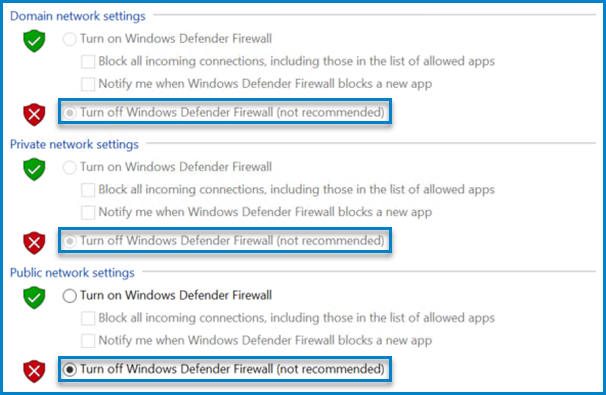 This image shows the firewall settings on the machine and the options to turn off Windows Defender Firewall.